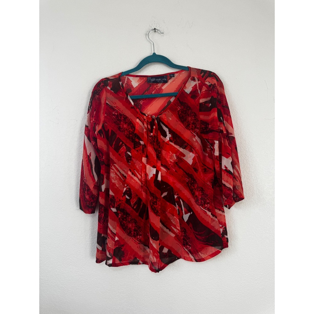 Susan Graver Style Abstract Print V Neck Tie Neck 3/4 Sleeve Sheer Blouse Top XS